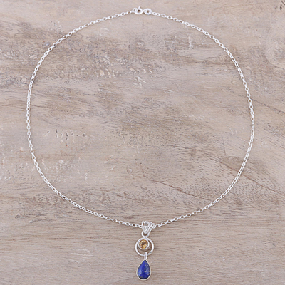 Lapis lazuli and citrine pendant necklace, 'Gleaming Midnight' - Lapis Lazuli and Citrine Pendant Necklace from India