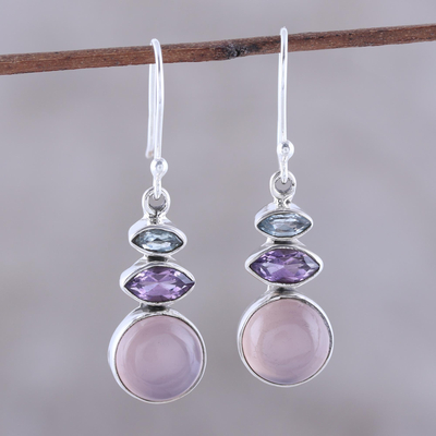 Multi-gemstone dangle earrings, 'Peaceful Dazzle in Pink' - Multi-Gemstone Dangle Earrings in Pink from India