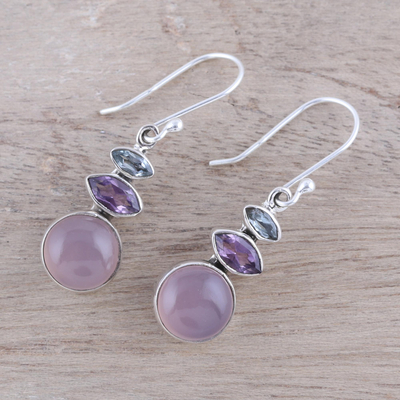 Multi-gemstone dangle earrings, 'Peaceful Dazzle in Pink' - Multi-Gemstone Dangle Earrings in Pink from India