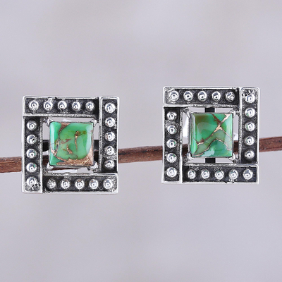 Sterling silver and composite turquoise stud earrings, 'Beautiful Windows in Green' - Square Green Composite Turquoise Stud Earrings from India