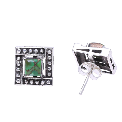 Sterling silver and composite turquoise stud earrings, 'Beautiful Windows in Green' - Square Green Composite Turquoise Stud Earrings from India
