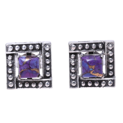 Sterling silver and composite turquoise stud earrings, 'Beautiful Windows in Purple' - Square Purple Composite Turquoise Stud Earrings from India