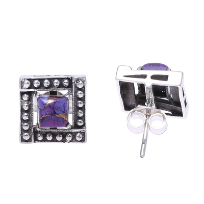 Sterling silver and composite turquoise stud earrings, 'Beautiful Windows in Purple' - Square Purple Composite Turquoise Stud Earrings from India