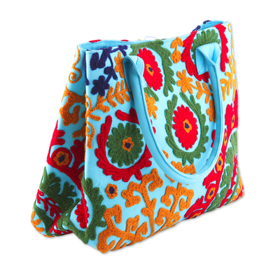 Baumwolltasche - Bestickte Handtasche aus himmelblauer, floraler Folk-Art-Baumwolle