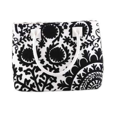 Embroidered cotton handbag, 'Midnight Bouquet' - Black Floral Embroidered Cotton Handle Handbag from India