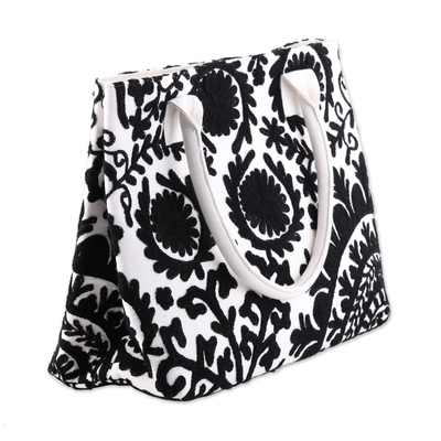 Embroidered cotton handbag, 'Midnight Bouquet' - Black Floral Embroidered Cotton Handle Handbag from India