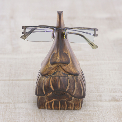 Brillenhalter aus Holz - Skurriler Brillenhalter mit Schnurrbartgesicht aus Mangoholz