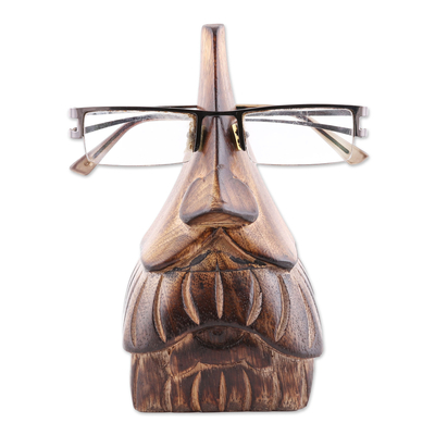 Wood eyeglasses holder, 'Mustachio' - Whimsical Mustached Face Mango Wood Eyeglasses Holder