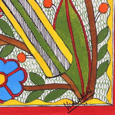 Madhubani-Gemälde, 'Freundliches Gespräch - Madhubani-Gemälde von Vögeln in einem Blumengarten aus Indien
