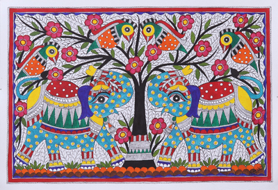 Madhubani-Gemälde, 'Elefantengruß'. - Indisches Gemälde von zwei Elefantenfreunden im Dschungel