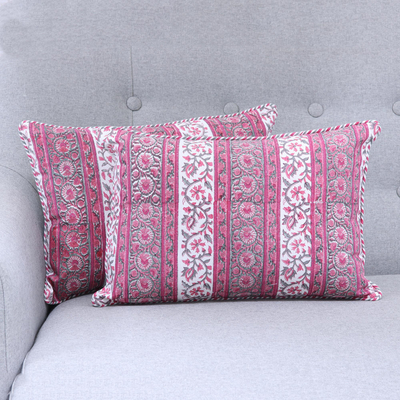 Cotton cushion covers, 'Climbing Mughal Rose' (pair) - Pink and White Floral Stripe Pair of Cotton Cushion Covers