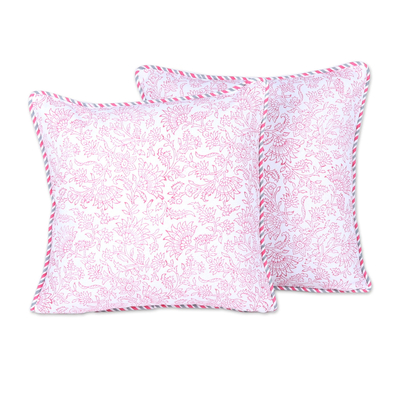 Cotton cushion covers, 'Mughal Garden' (pair) - Pink and White Mughal Garden Floral Pair of Cushion Covers