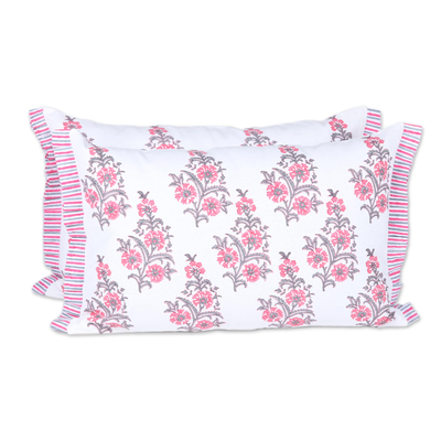 2 Pink and White Floral Block Print Cotton Cushion Covers