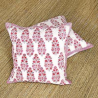 Cotton cushion covers, 'Mughal Blooms' (pair) - Pink and White Floral Pair of Cotton Cushion Covers