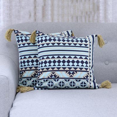 Cotton cushion covers, 'Geometric Landscape' (pair) - Blue and Beige Geometric Pair of Cotton Cushion Covers