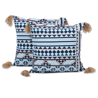 Cotton cushion covers, 'Geometric Landscape' (pair) - Blue and Beige Geometric Pair of Cotton Cushion Covers
