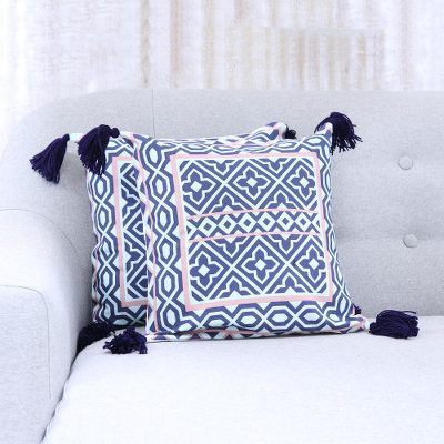 Cotton cushion covers, 'Geometric Blooms' (pair) - Navy Coral and Aqua Geometric Pair of Cotton Cushion Covers