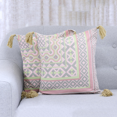 Cotton cushion covers, 'Jaipur Pink' (pair) - Pair of Pink and Green Tasseled Cotton Cushion Covers