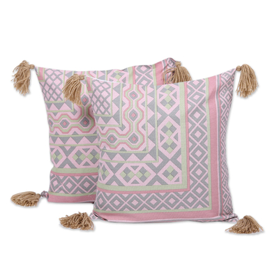Cotton cushion covers, 'Jaipur Pink' (pair) - Pair of Pink and Green Tasseled Cotton Cushion Covers