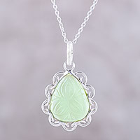 Chalcedony pendant necklace, 'Lovely Drop' - Leaf Motif Chalcedony Pendant Necklace from India