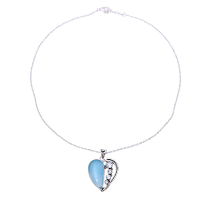 Chalcedony and blue topaz pendant necklace, 'Blue Heart' - Chalcedony and Blue Topaz Heart Necklace from India