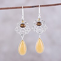 Multi-gemstone dangle earrings, 'Harmonious Trio' - Earth-Tone Multi-Gemstone Dangle Earrings from India