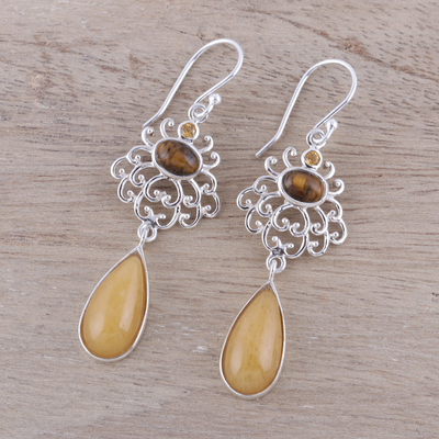 Multi-gemstone dangle earrings, 'Harmonious Trio' - Earth-Tone Multi-Gemstone Dangle Earrings from India