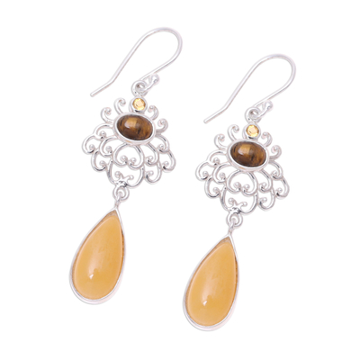 Multi-gemstone dangle earrings, 'Harmonious Trio' - Earth-Tone Multi-Gemstone Dangle Earrings from India
