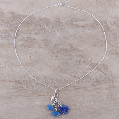 Quartz pendant necklace, 'Fascinating Blossoms' - Floral Blue Quartz Pendant Necklace from India