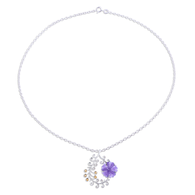 Quartz and citrine pendant necklace, 'Floral Pods' - Quartz and Citrine Flower Pendant Necklace from India