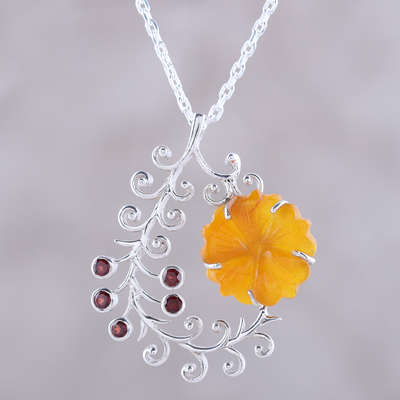 Quartz and garnet pendant necklace, 'Floral Pods' - Quartz and Garnet Flower Pendant Necklace from India