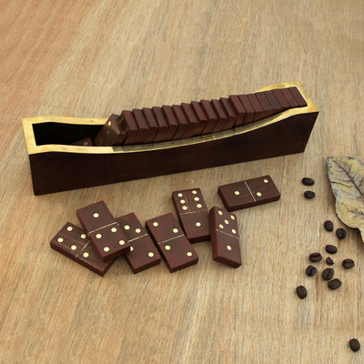 Wood and brass domino set, 'Classic Entertainment' - Beech Wood Classic Domino Set with Mango Wood Holder