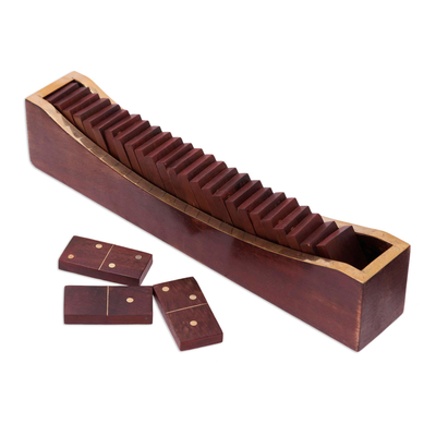 Juego de dominó de madera y latón - Juego de dominó clásico de madera de haya con soporte de madera de mango
