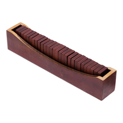 Domino-Set aus Holz und Messing - Klassisches Domino-Set aus Buchenholz mit Mangoholz-Halter