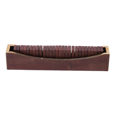 Domino-Set aus Holz und Messing - Klassisches Domino-Set aus Buchenholz mit Mangoholz-Halter