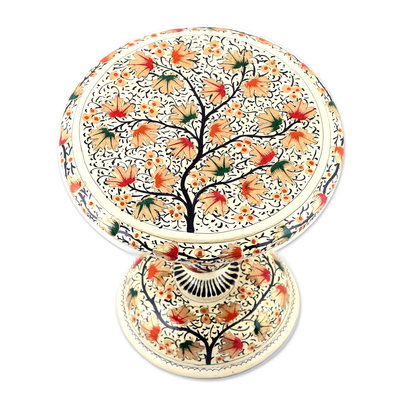 Dekorativer Holzsockel, 'Chinar Color'. - Handgemaltes Blattmotiv Holzdekor-Sockel aus Indien