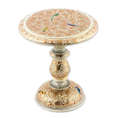 Wood decorative pedestal, 'Golden Chinar' - Walnut Wood Pedestal Painted with Chinar Leaves and Birds