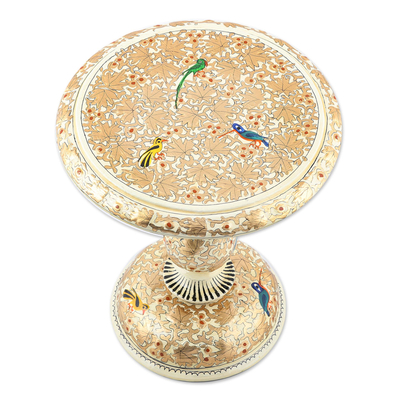 Wood decorative pedestal, 'Golden Chinar' - Walnut Wood Pedestal Painted with Chinar Leaves and Birds