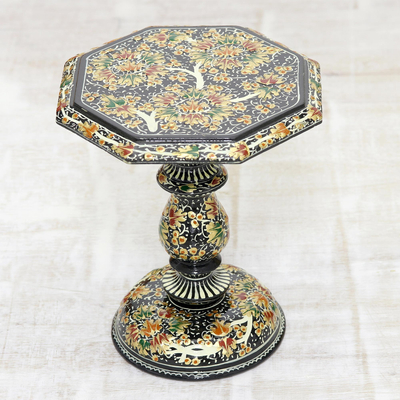 Wood decorative pedestal, 'Elegant Chinar' - Indian Wood Pedestal with Black and Gold Chinar Leaves
