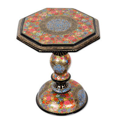 Wood decorative pedestal, 'Floral Kashmir' - Colorful Floral Wood Decorative Pedestal from India
