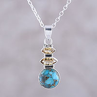 Citrine pendant necklace, 'Peaceful Dazzle' - Citrine and Composite Turquoise Pendant Necklace from India