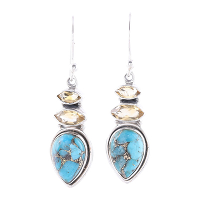 Citrine and Composite Turquoise Dangle Earrings from India