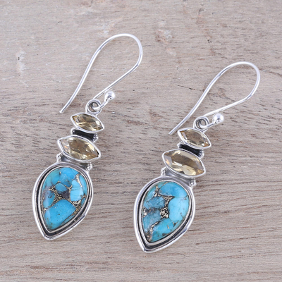 Citrine dangle earrings, 'Gemstone Allure' - Citrine and Composite Turquoise Dangle Earrings from India