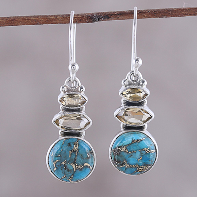 Citrine dangle earrings, 'Peaceful Dazzle' - Citrine and Composite Turquoise Dangle Earrings from India