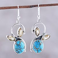 Citrine dangle earrings, 'Dazzling Sparkle' - Citrine and Composite Turquoise Dangle Earrings from India