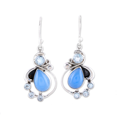 Blue Topaz and Chalcedony Dangle Earrings from India