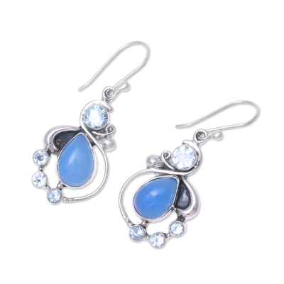Blue topaz and chalcedony dangle earrings, 'Elegant Dew' - Blue Topaz and Chalcedony Dangle Earrings from India
