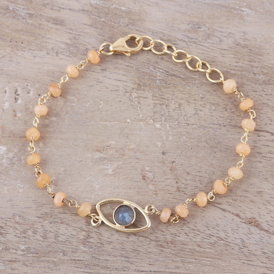 Gold plated labradorite and chalcedony pendant bracelet, 'All Eyes on You' - Gold Plated Labradorite and Chalcedony Pendant Bracelet