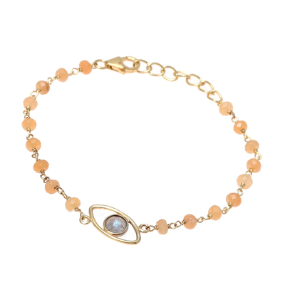 Gold plated labradorite and chalcedony pendant bracelet, 'All Eyes on You' - Gold Plated Labradorite and Chalcedony Pendant Bracelet