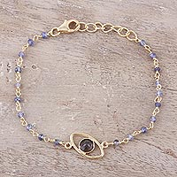 Gold plated smoky quartz and chalcedony pendant bracelet, 'All Eyes on You' - Gold Plated Smoky Quartz and Chalcedony Pendant Bracelet